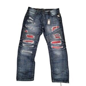 JC Atelier  NWT JCA II Jeans Mens 44x32 Blue Denim Red Serpent Distressed Snake